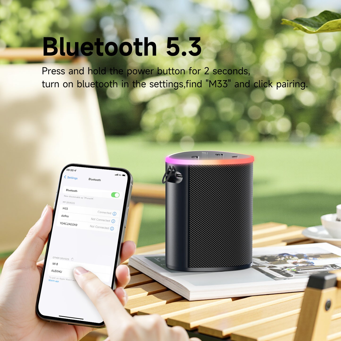 VEATOOL Portable Bluetooth Speaker, IPX5 Waterproof, Stereo Sound, 12H Playtime, Bluetooth 5.3, RGB Lights, Outdoor Speaker
