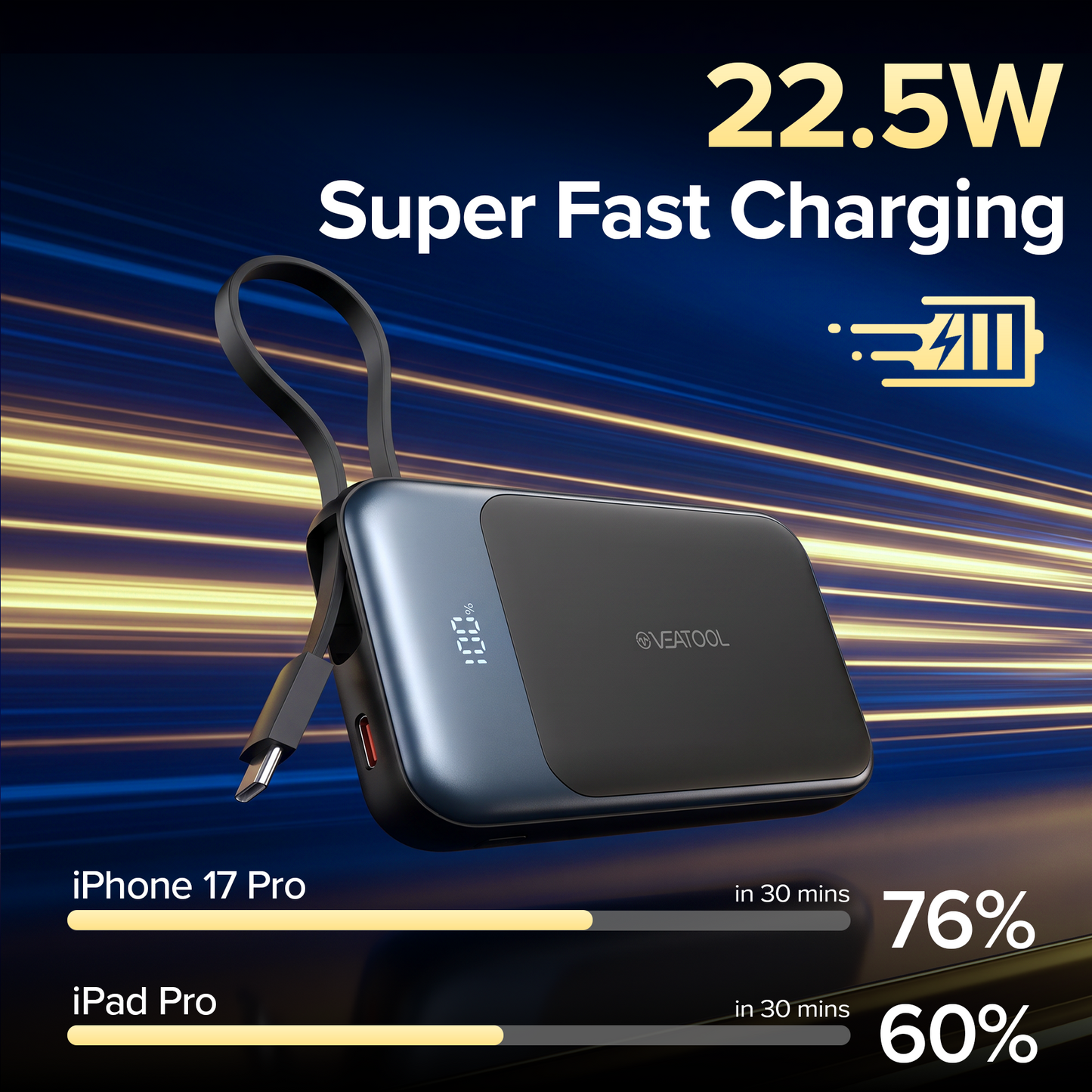10,000mAh power bank supporting 1.5-hour fast charging; suitable for home backup, outdoor emergencies, and camping.