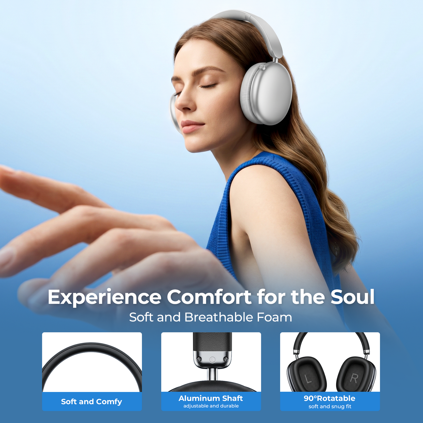 Active Noise Cancelling Headphones,60H Playtime Bluetooth 6.0 Wireless Headphones with Hi-Res Audio