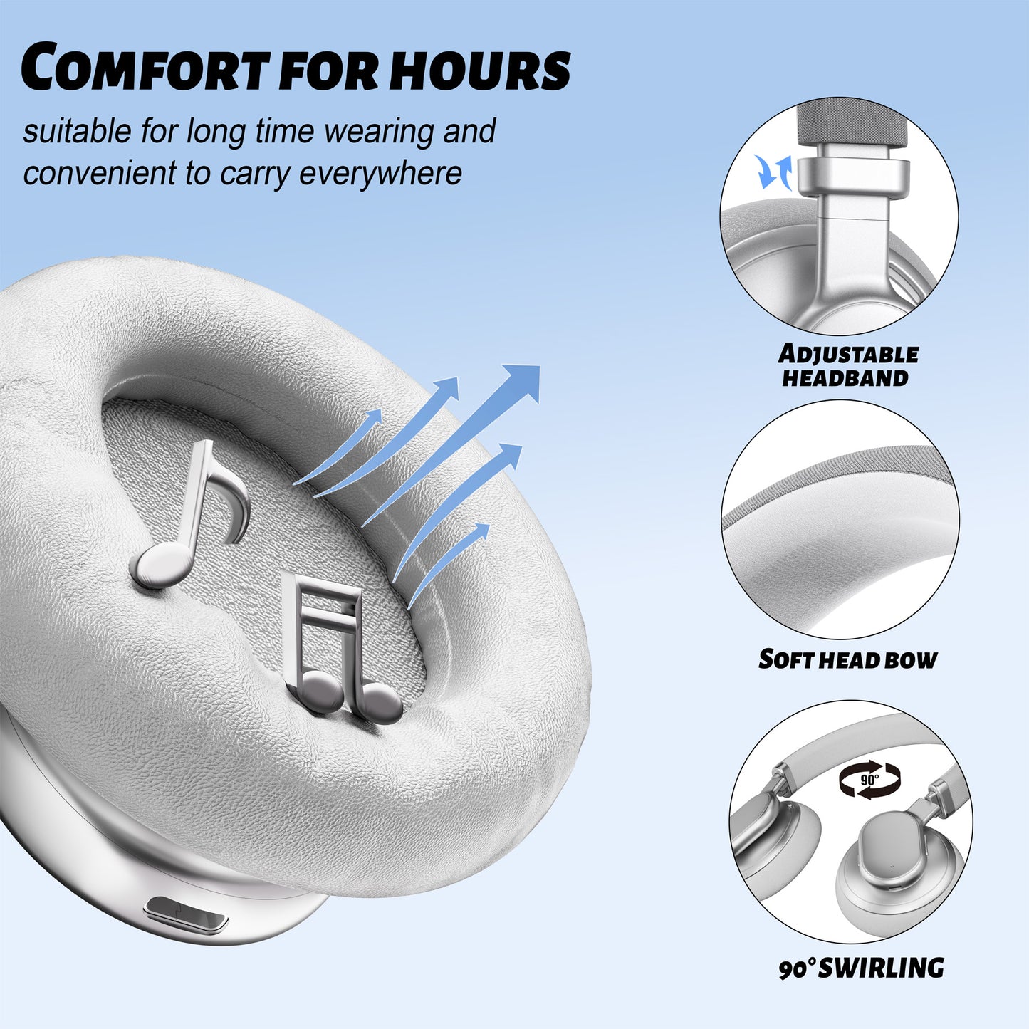 VEATOOL T1 Bluetooth Headphones Over Ear,72H Playtime, Wireless Headphones with Microphone,Hi-Res Audio Foldable Lightweight Headset, Deep Bass, Memory Foam Ear Cups,Home,Travel, Office Silver