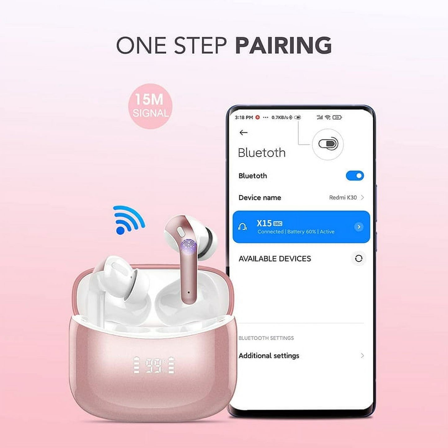 VEATOOL X15 Wireless Earbuds Bluetooth 5.2 Headphones,35H Hi-Fi Stereo Deep Bass Earphones with Noise Cancelling Mic IP7 Waterproof Sport Headset with LED Power Display for Laptop Pad Phones Pink