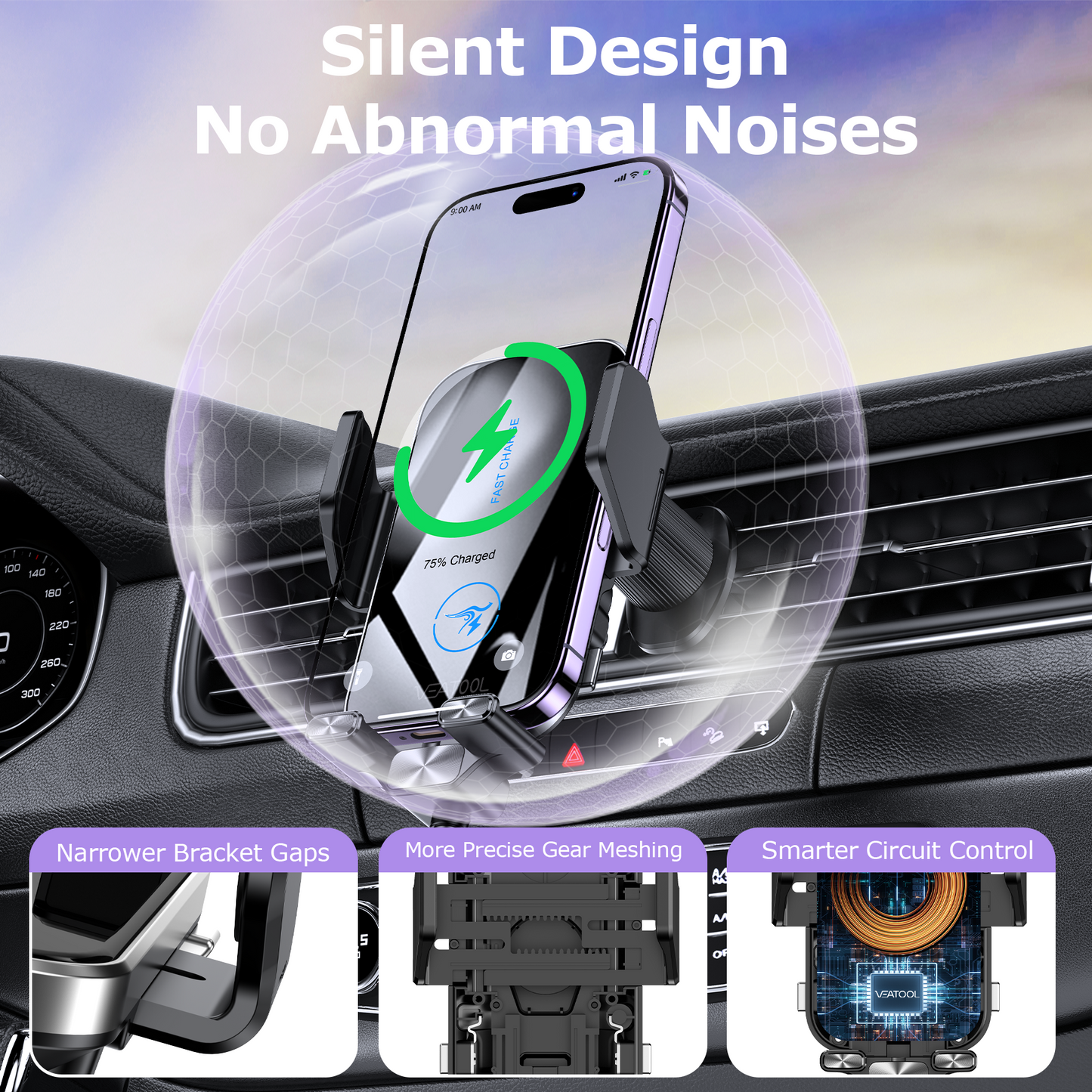 Wireless Car Charger,VEATOOL 15W Fast Charging Phone Mount for Car Vent,Auto Clamping,Car Phone Holder with Enlarged Charging Coil for iPhone 16 15 14Pro Max Xs,Samsung Galaxy S&Note Series Google LG