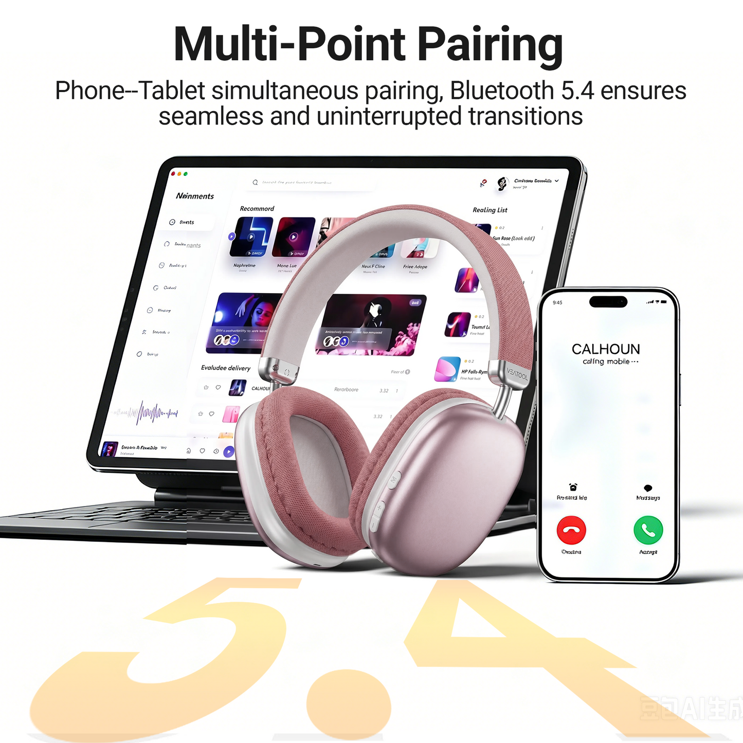 BT5.1 Wireless Over-Ear Headphones, 40H Playtime, 4-Mic ENC Noise Cancelling, Lightweight, Deep Bass, Comfort Fit for Travel & Work