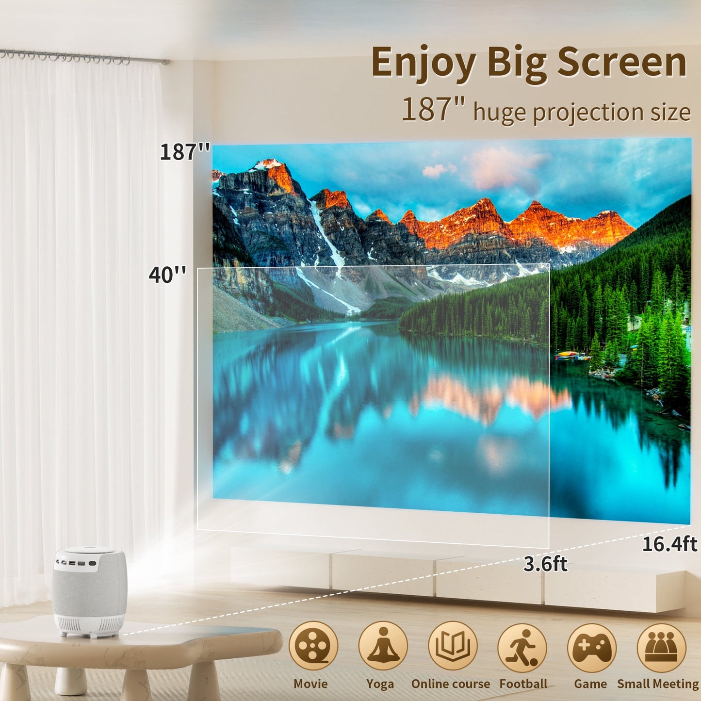 H9 Portable 4K Projector with WiFi 6 & Bluetooth, Electric Focus, 187" Display, for TV Stick/Phone, HDMI USB, Indoor Outdoor