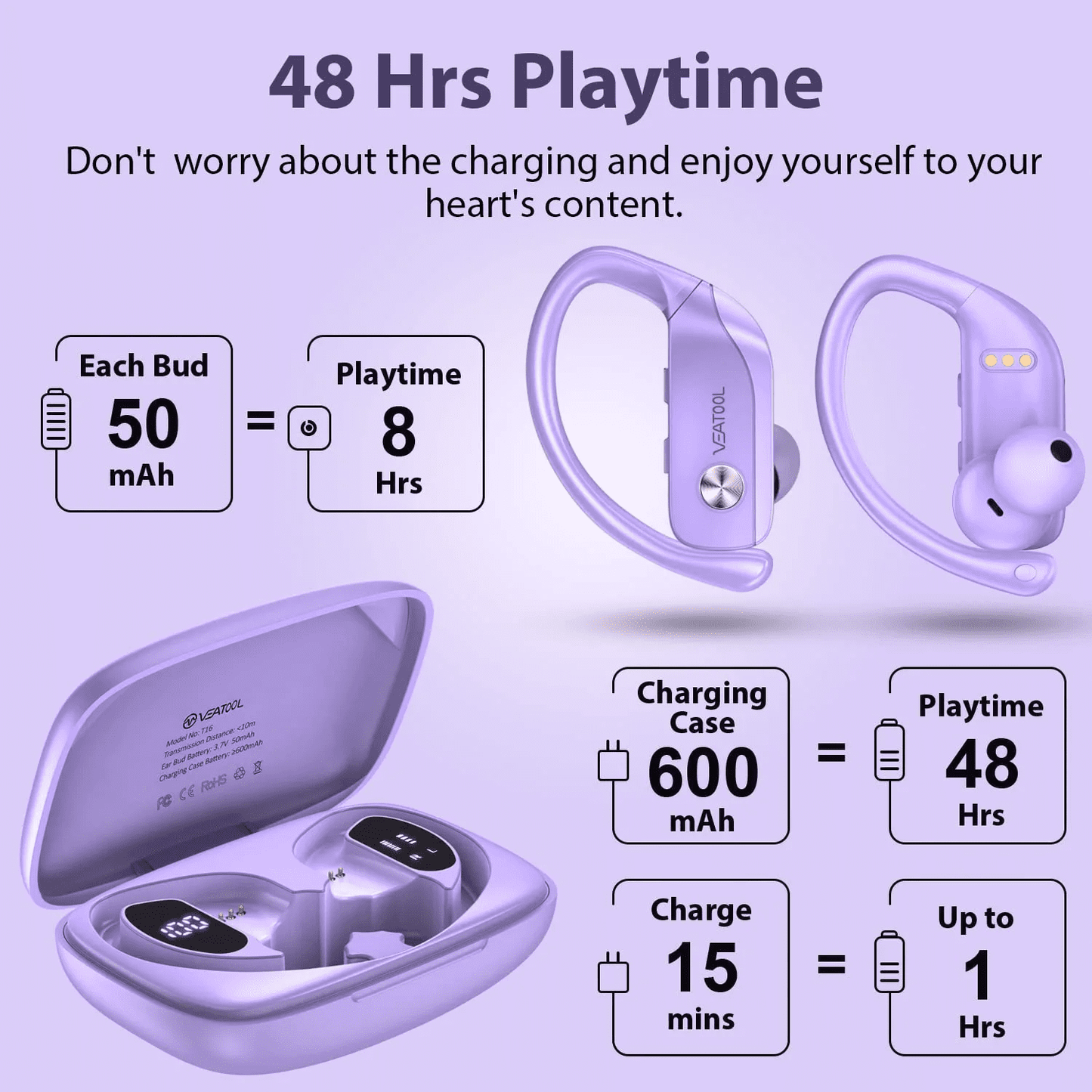 VEAT00L Wireless Earbuds Bluetooth Headphone Sport, Bluetooth 5.4 Earbud, 72Hrs Earphone with Earhook, Noise Cancelling Mic, IP7 Waterproof Headset for Workout/Running