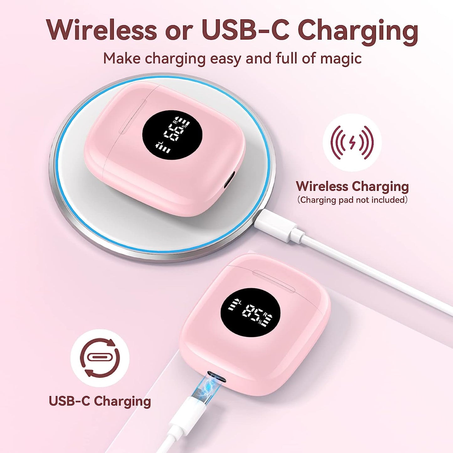 VEAT00L True Wireless Earbuds, TWS Bluetooth Headphones Stereo Sound Earphones, 50H Playtime Wireless Charging Case & Power Display,Built in microphone, waterproof and sweat proof