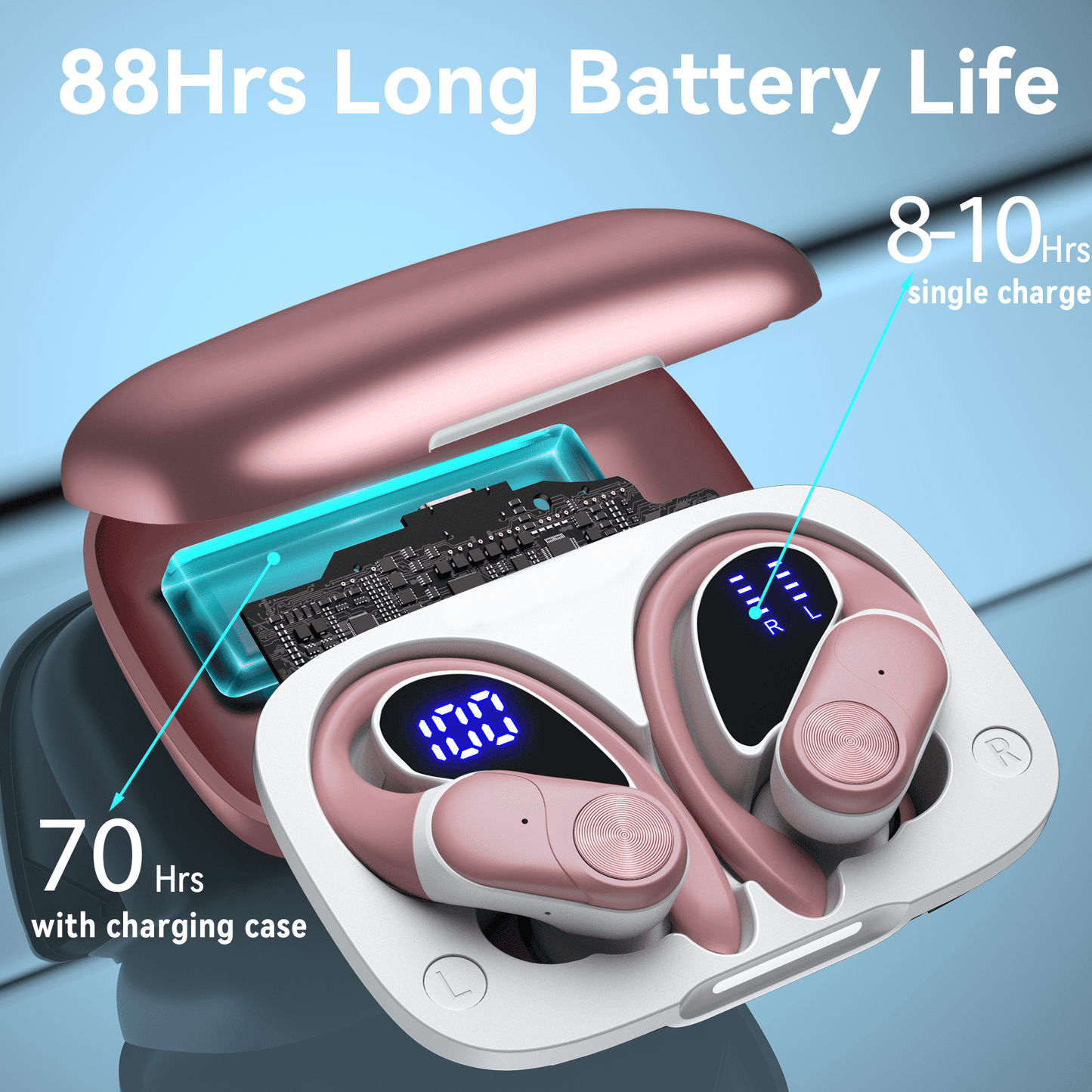 VEAT00L V6 Wireless Earbuds, 88Hrs Playback, Sport Earhooks, Digital Display Charging Case, IPX7 Waterproof, Deep Bass, for iOS Android