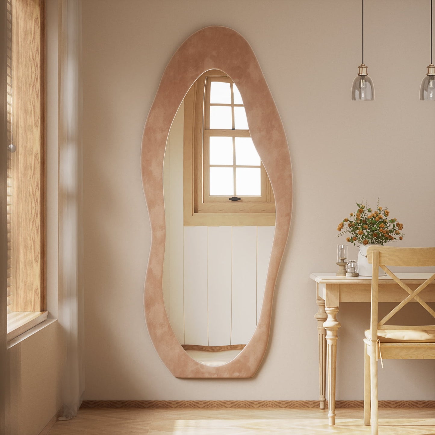 XANLUOER 63"x24" Full Length Mirror Irregular Cloud Floor Mirror With Flannel Frame, Light Brown