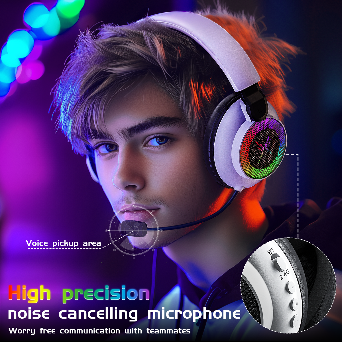 Tri-mode gaming headset, over-ear design, RGB lighting, noise cancellation, long battery life, multi-device compatibility.