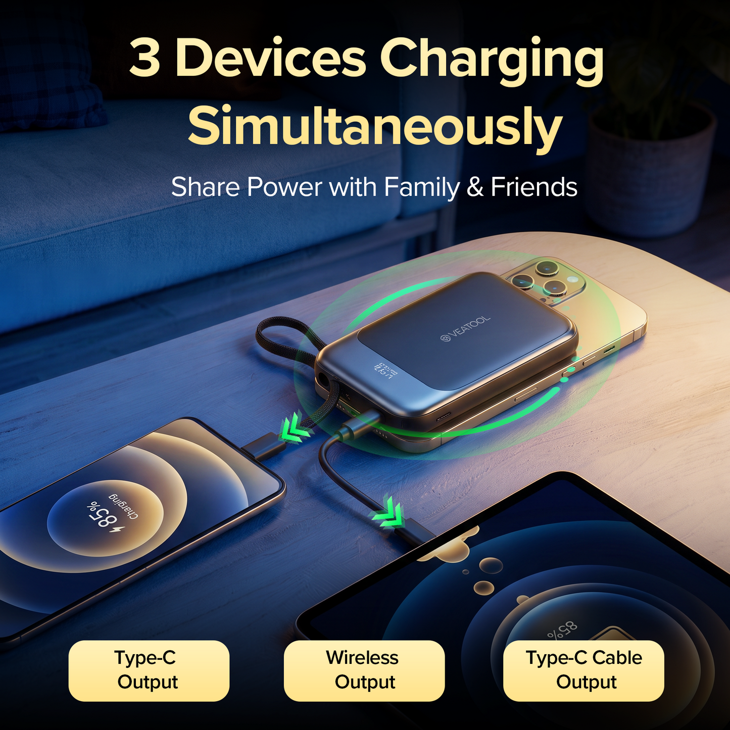10,000mAh power bank supporting 1.5-hour fast charging; suitable for home backup, outdoor emergencies, and camping.