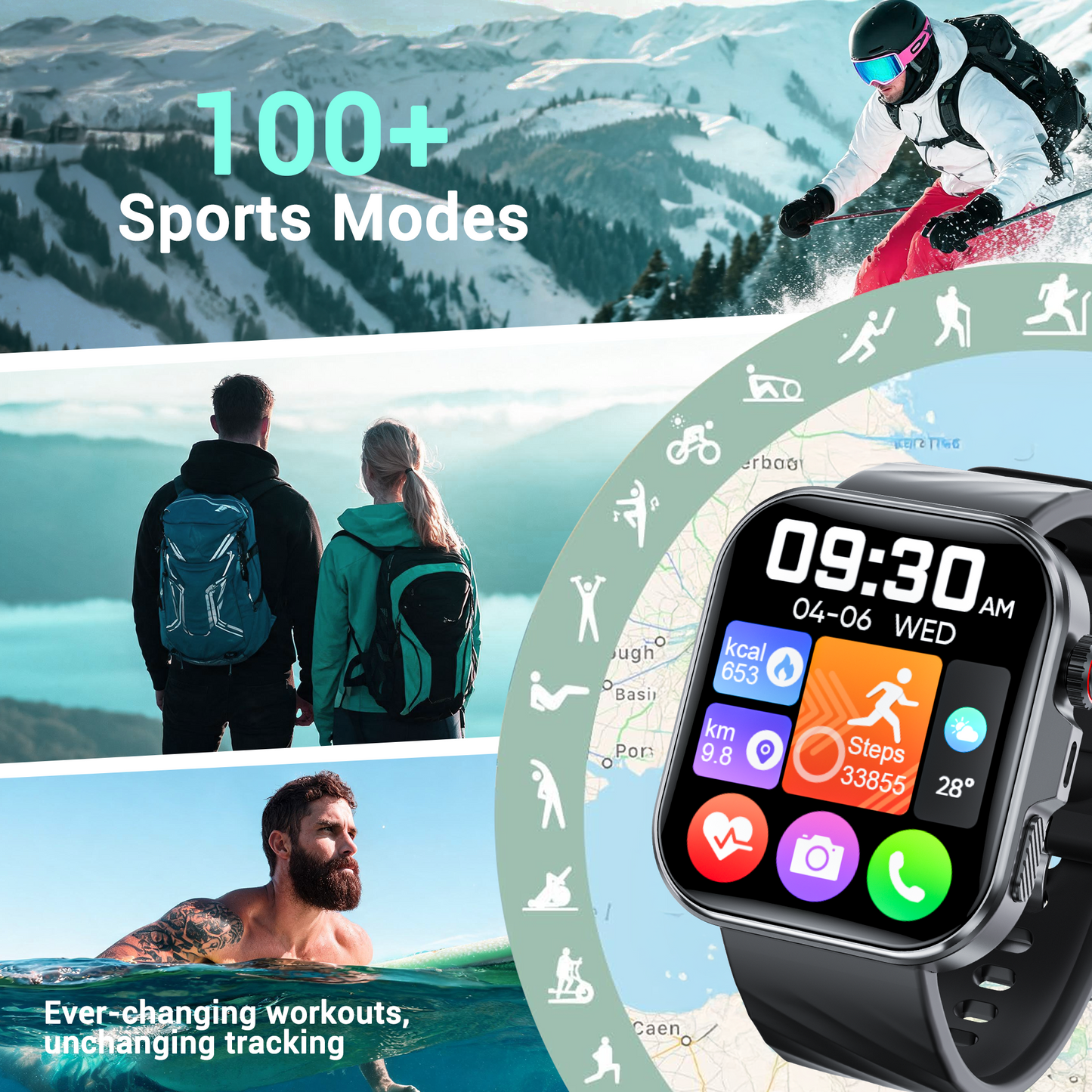 Smart Watch for Men Women, 2.01" HD Touchscreen, Bluetooth Call, IP68 Waterproof, 180+ Sports Modes, Health & Sleep Tracker, for Android iOS.
