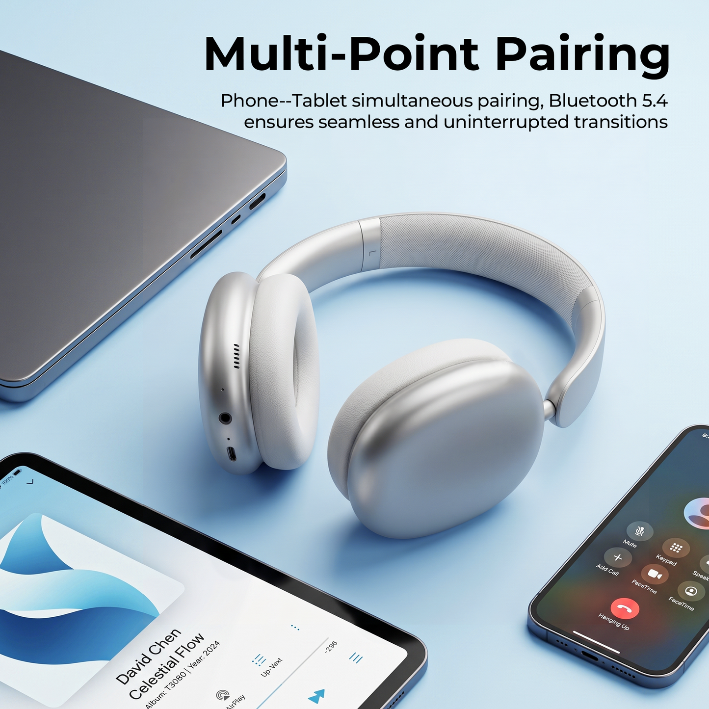 Active Noise Cancelling Headphones,60H Playtime Bluetooth 6.0 Wireless Headphones with Hi-Res Audio