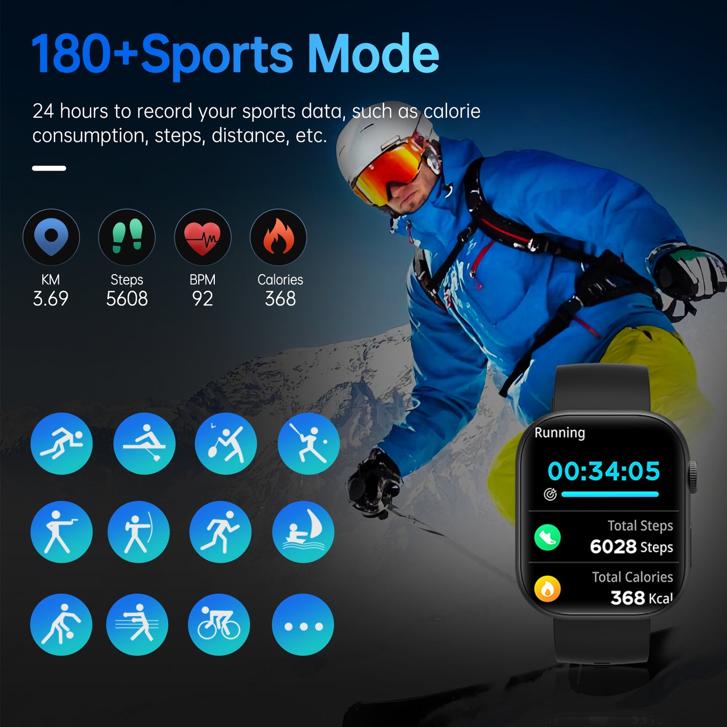 Smart Watch for Men Women, 2.01" HD Touchscreen, Bluetooth Call, IP68 Waterproof, 180+ Sports Modes, Health & Sleep Tracker, for Android iOS.