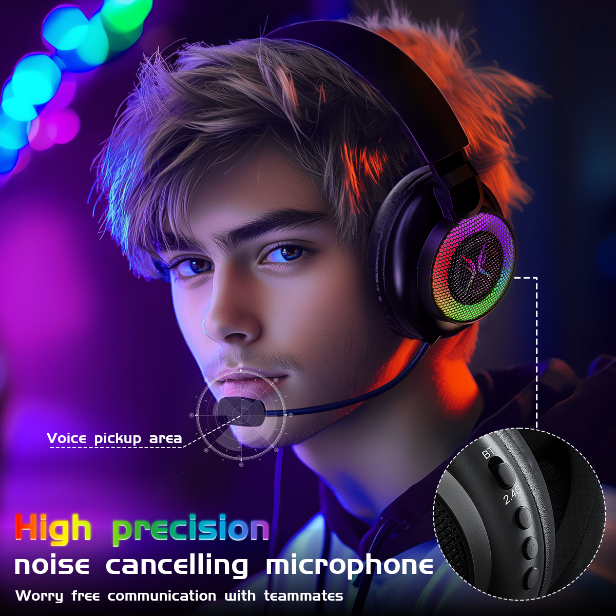Tri-mode Gaming Headset, Over-ear Design, RGB Lighting, Noise Cancellation, Long Battery Life, ,Multi-Device Compatibility.