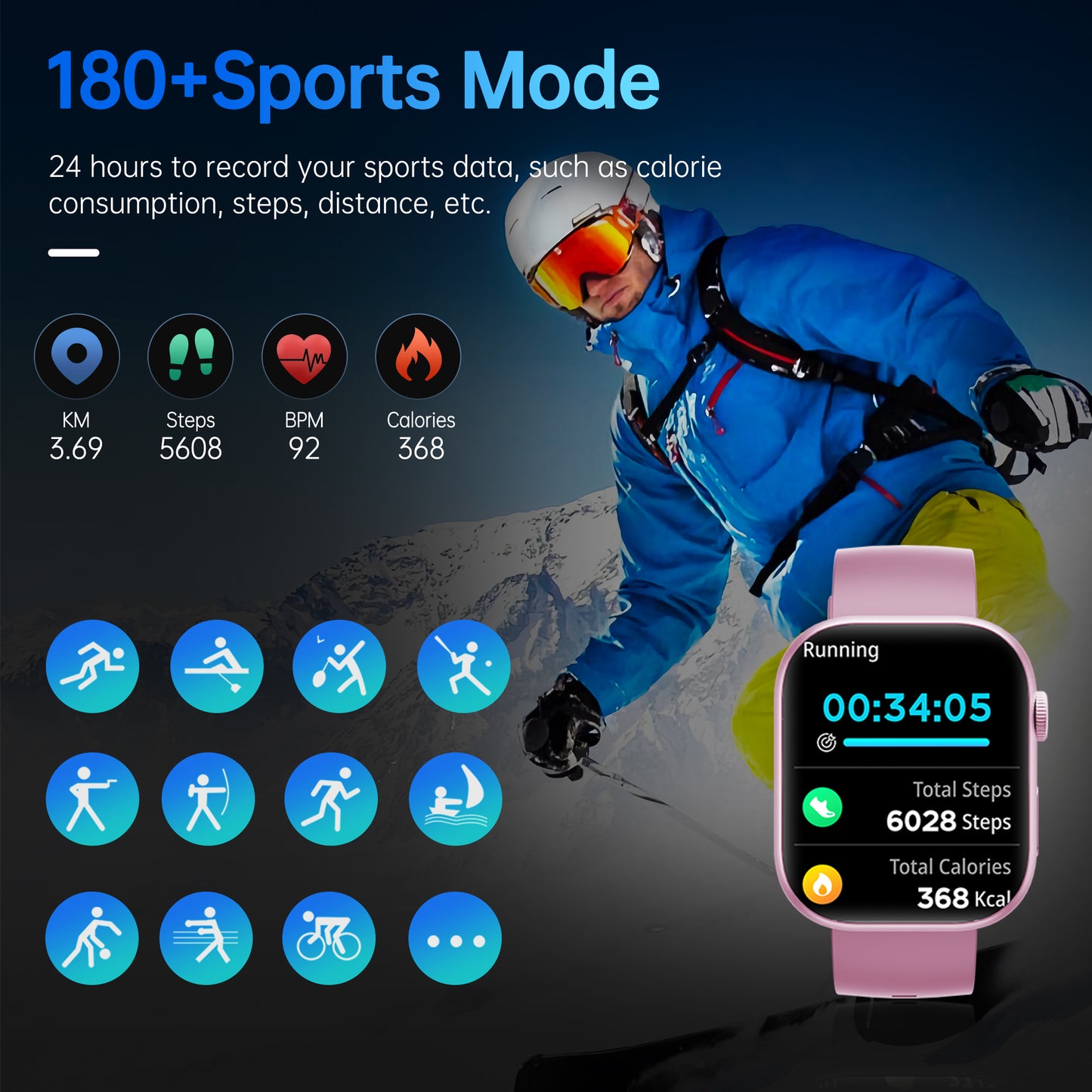 Smart Watch for Men Women, 2.01" HD Touchscreen, Bluetooth Call, IP68 Waterproof, 180+ Sports Modes, Health & Sleep Tracker, for Android iOS, Pink