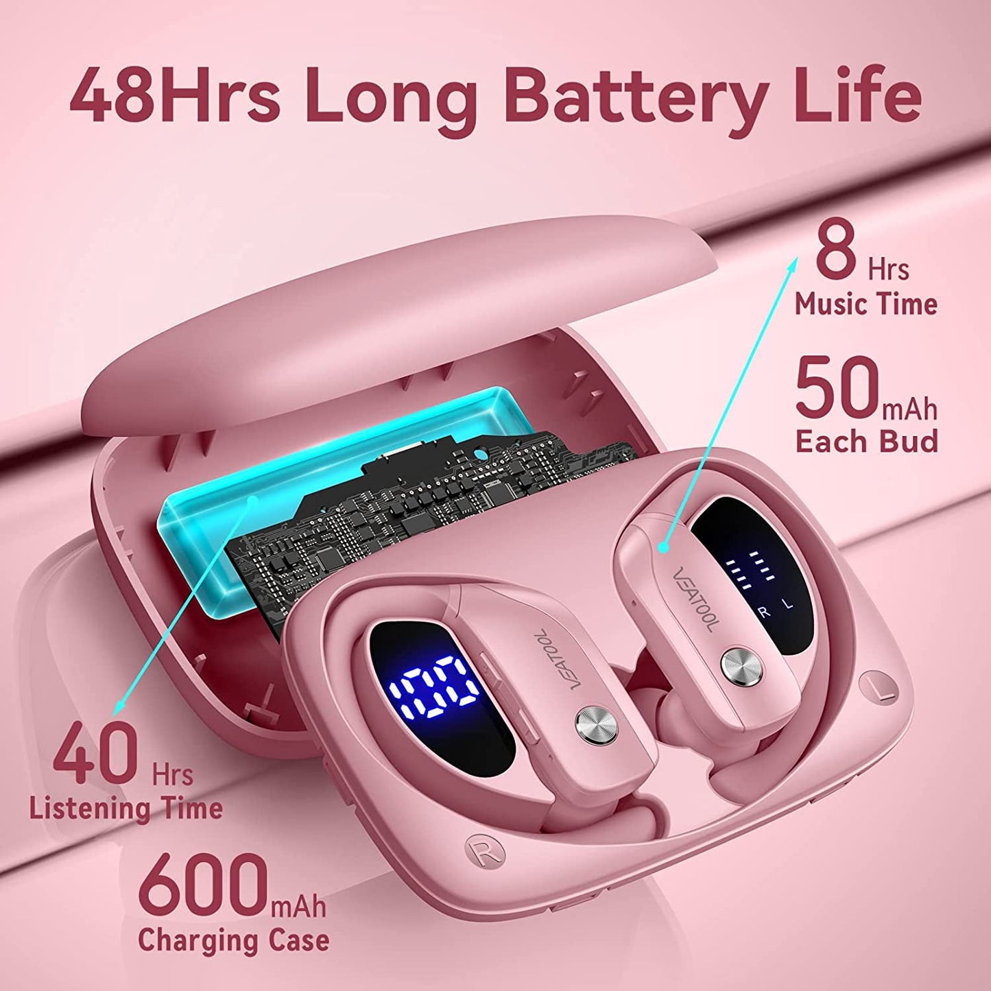VEAT00L Wireless Earbuds Bluetooth Headphone Sport, Bluetooth 5.4 Earbud, 72Hrs Earphone with Earhook, Noise Cancelling Mic, IP7 Waterproof Headset for Workout/Running