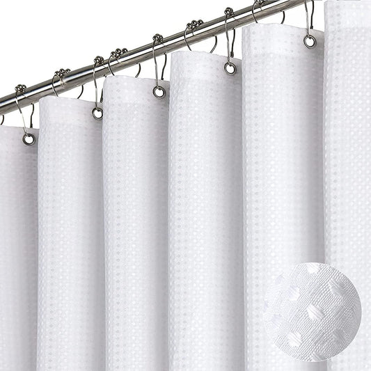 KDMLR White Fabric Shower Curtain， Waffle Weave Heavy Duty Hotel Luxury Cloth Shower Curtains for Bathroom, 72 Inch 256GSM Weighted Bath Curtain Set with 12 Plastic Hooks,72x72
