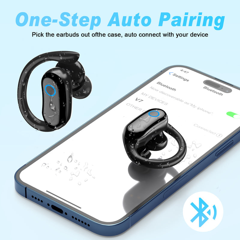 GNMN V7 Ear Buds Wireless Earbuds 96hrs Playback Bluetooth Headphones IPX7 Waterproof Stereo Bass Over-Ear Earphones with Earhooks Microphone
