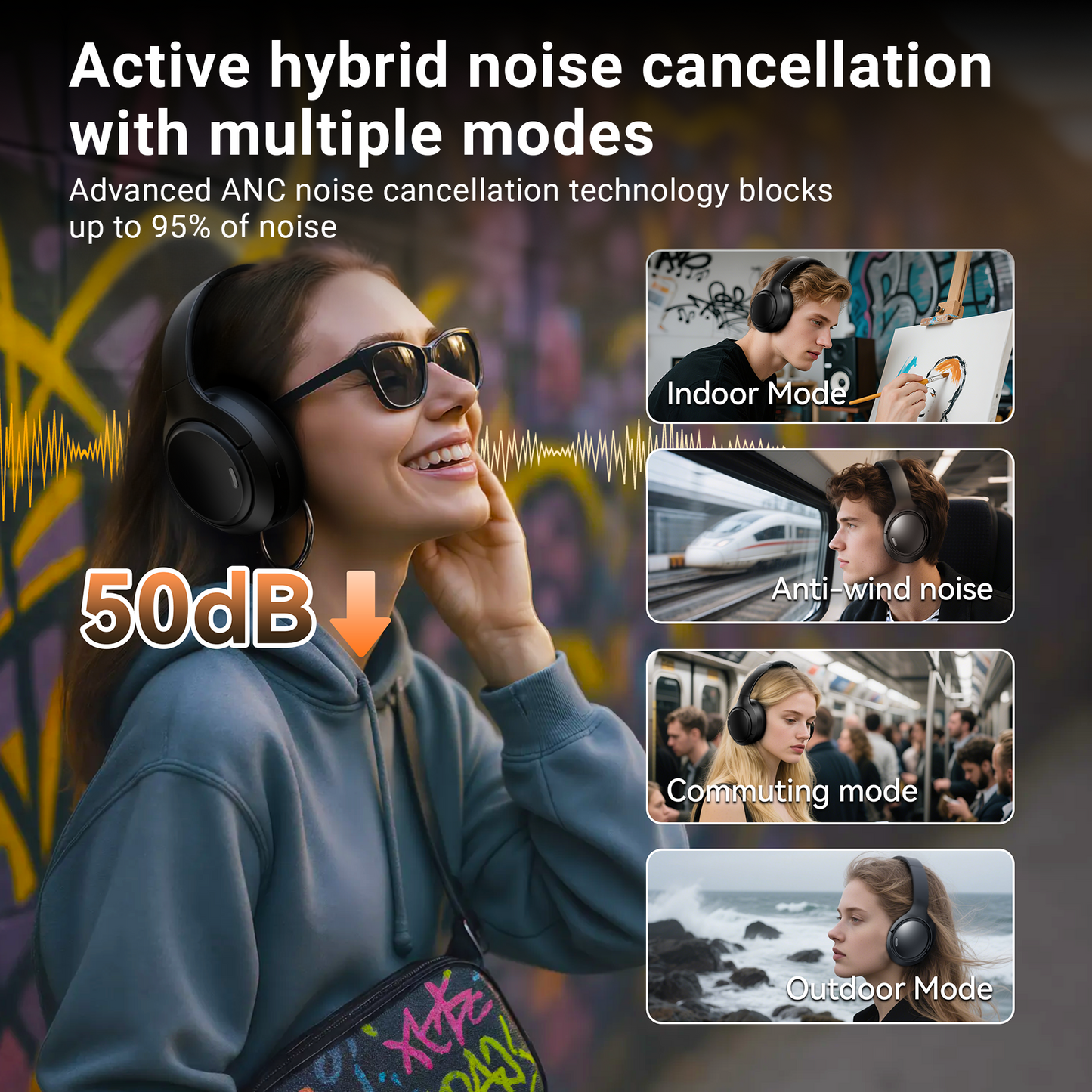 Hybrid Active Noise Cancelling Headphones,-50dB Wireless Bluetooth Headphones with Hi-Res Audio,120H Playtime Over Ear Bluetooth Headphones with 6 ENC Clear Mic