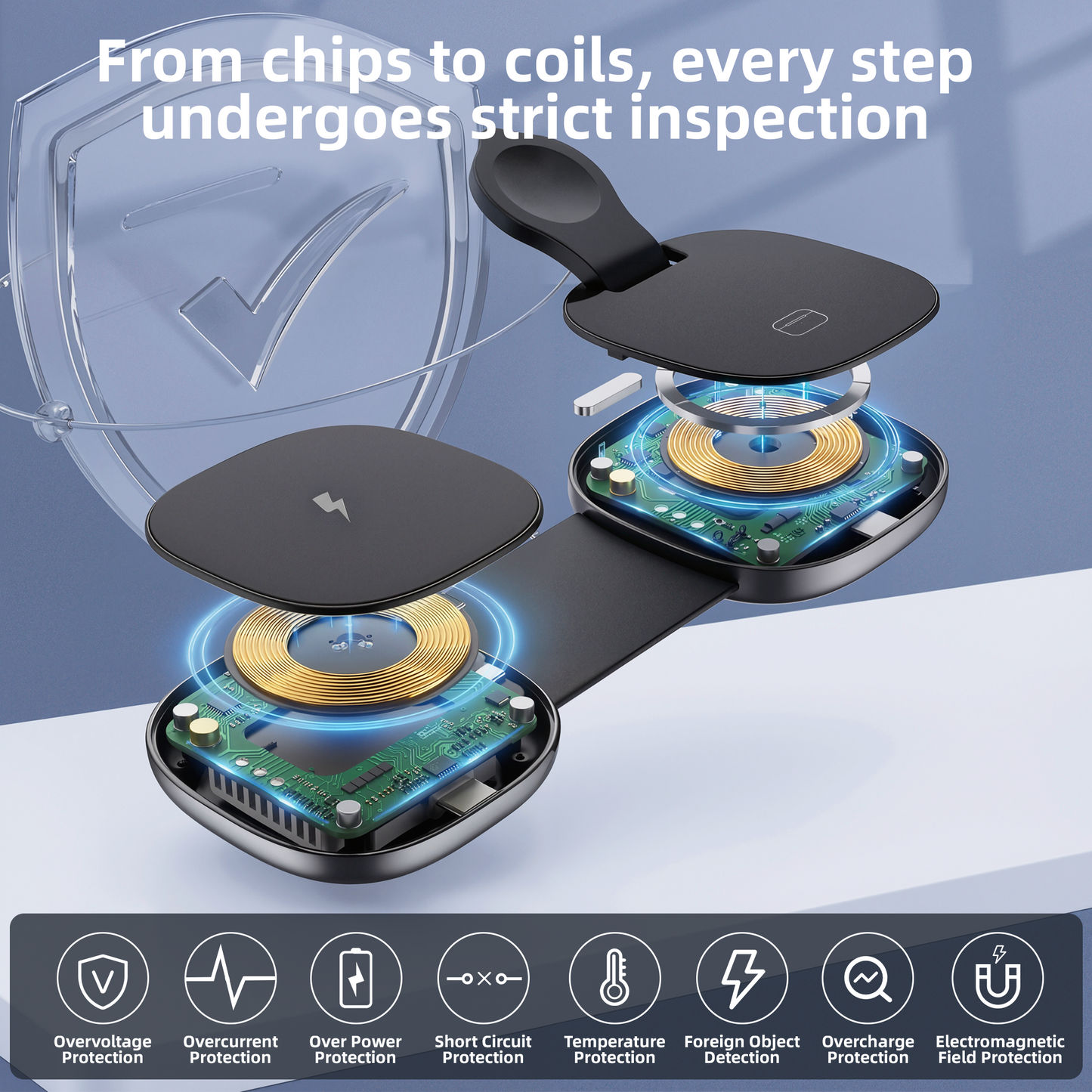 3-in-1 Foldable Magnetic Wireless Charger, Fast Charging Station with Independent Coils, Super Strong Magnetic Hold – Black