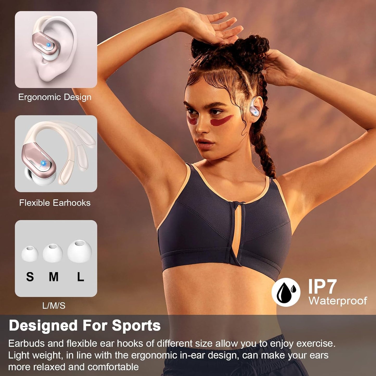 VEAT00L Wireless Earbud, 80Hrs Bluetooth 5.3 Headphones IP7 Waterproof for Sport, Running Wireless Earphones with ENC Noise Cancelling Mics, Deep Bass Over Ear bud with Earhooks for Android, iOS