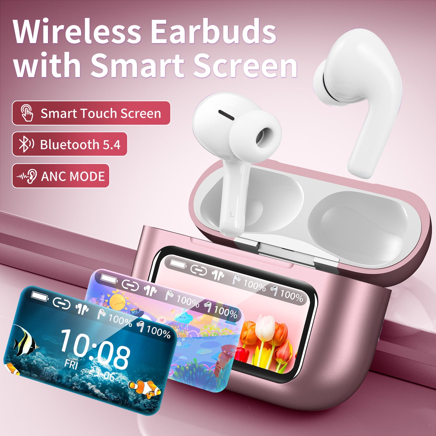 Wireless Bluetooth Touchscreen Earbuds,75H Bass Stereo Ear Buds with 6 EQ Modes,Multifunction LED Full Color Touchscreen Wireless Earphones with ENC Mic,ANC Noise Cancelling/Transparency Mode