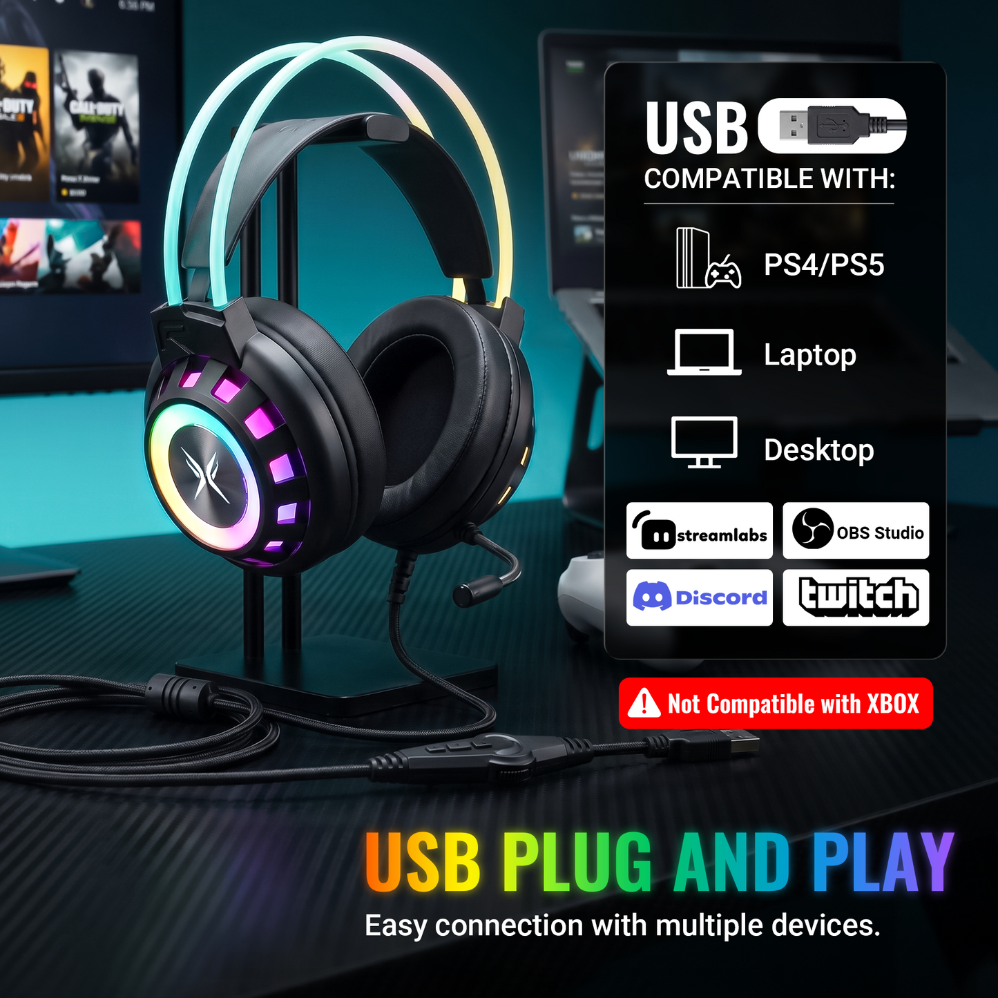TAGRY K3 2.4GHz Wireless Gaming Headsets 7.1 Surround Sound Bluetooth Headphones 70H Playtime ENC Noise Cancelling Over Ear Game Headphone with Mic