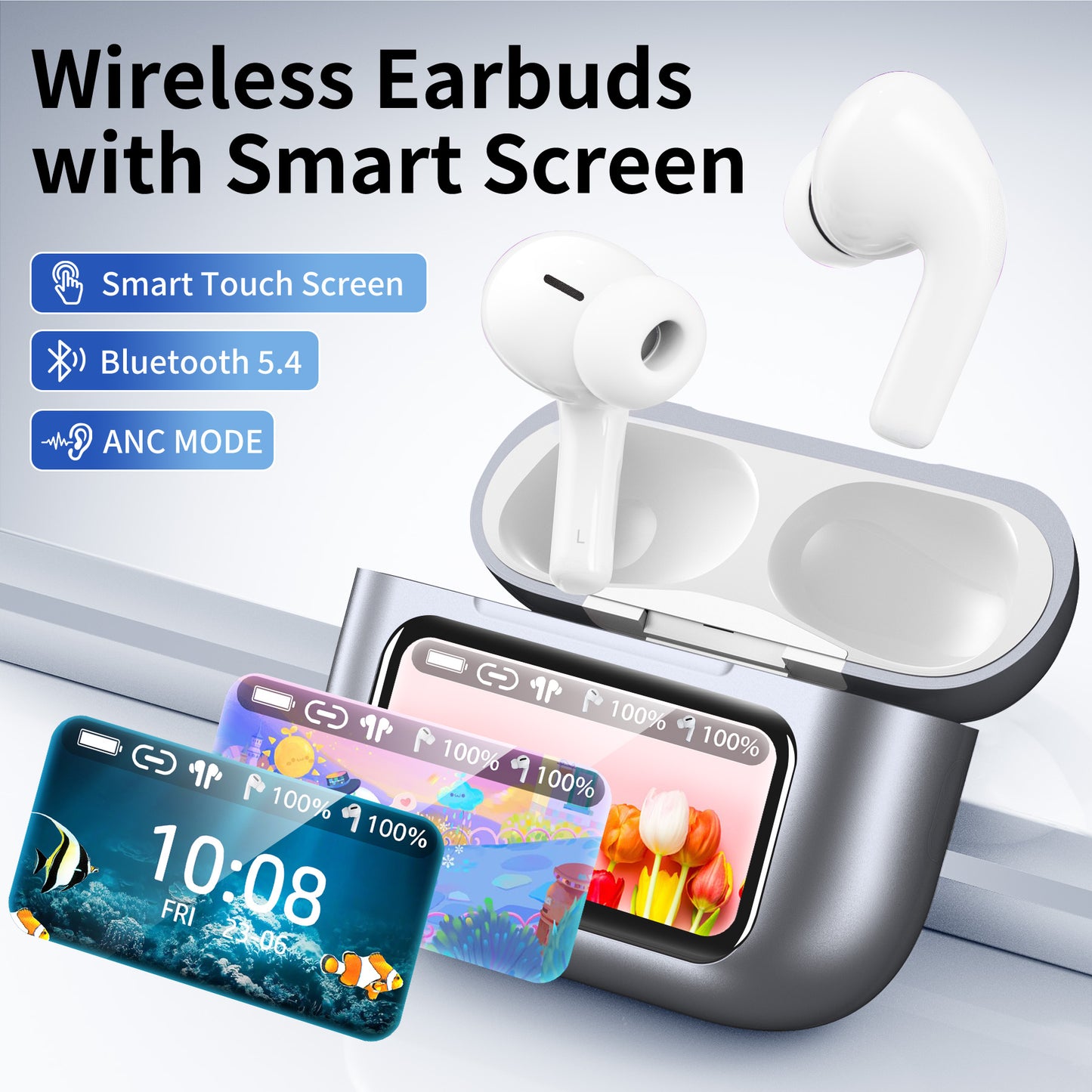 Wireless Bluetooth Touchscreen Earbuds,75H Bass Stereo Ear Buds with 6 EQ Modes,Multifunction LED Full Color Touchscreen Wireless Earphones with ENC Mic,ANC Noise Cancelling/Transparency Mode