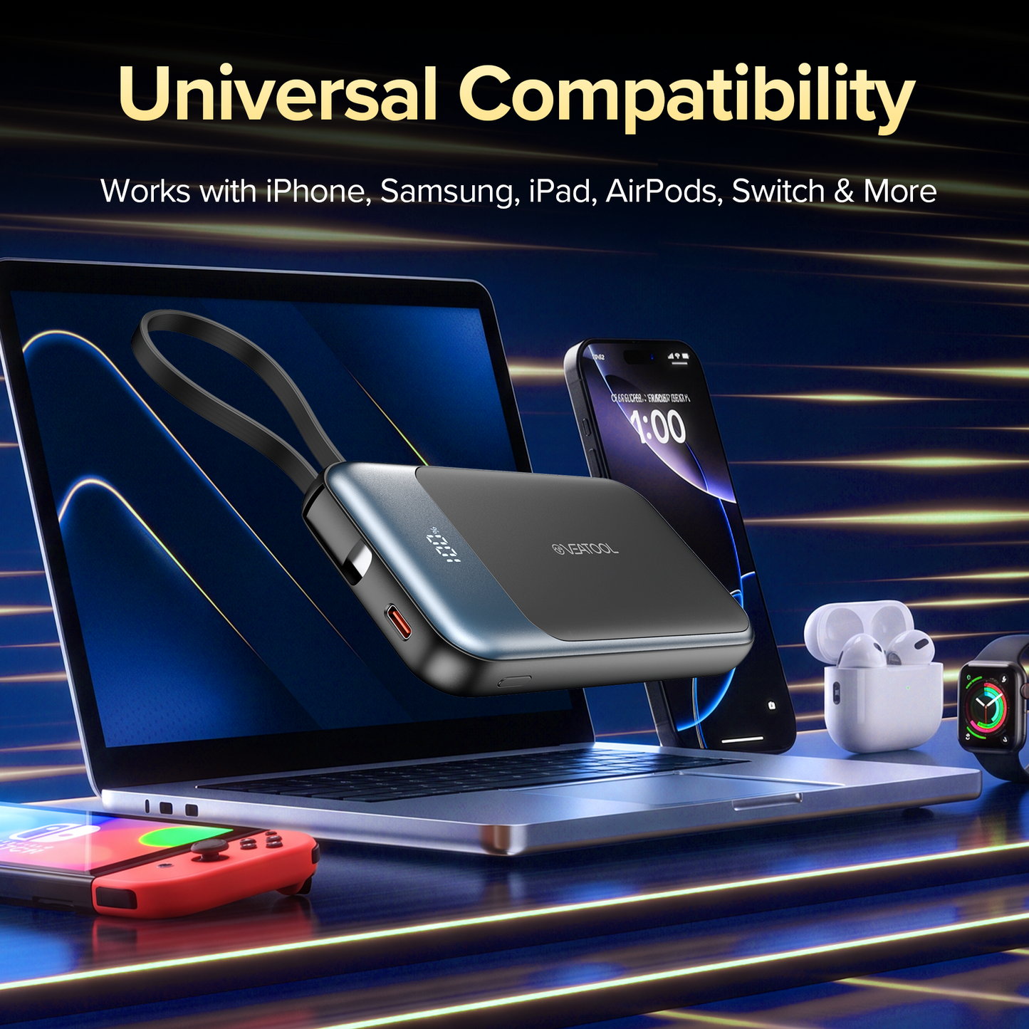 10,000mAh power bank supporting 1.5-hour fast charging; suitable for home backup, outdoor emergencies, and camping.
