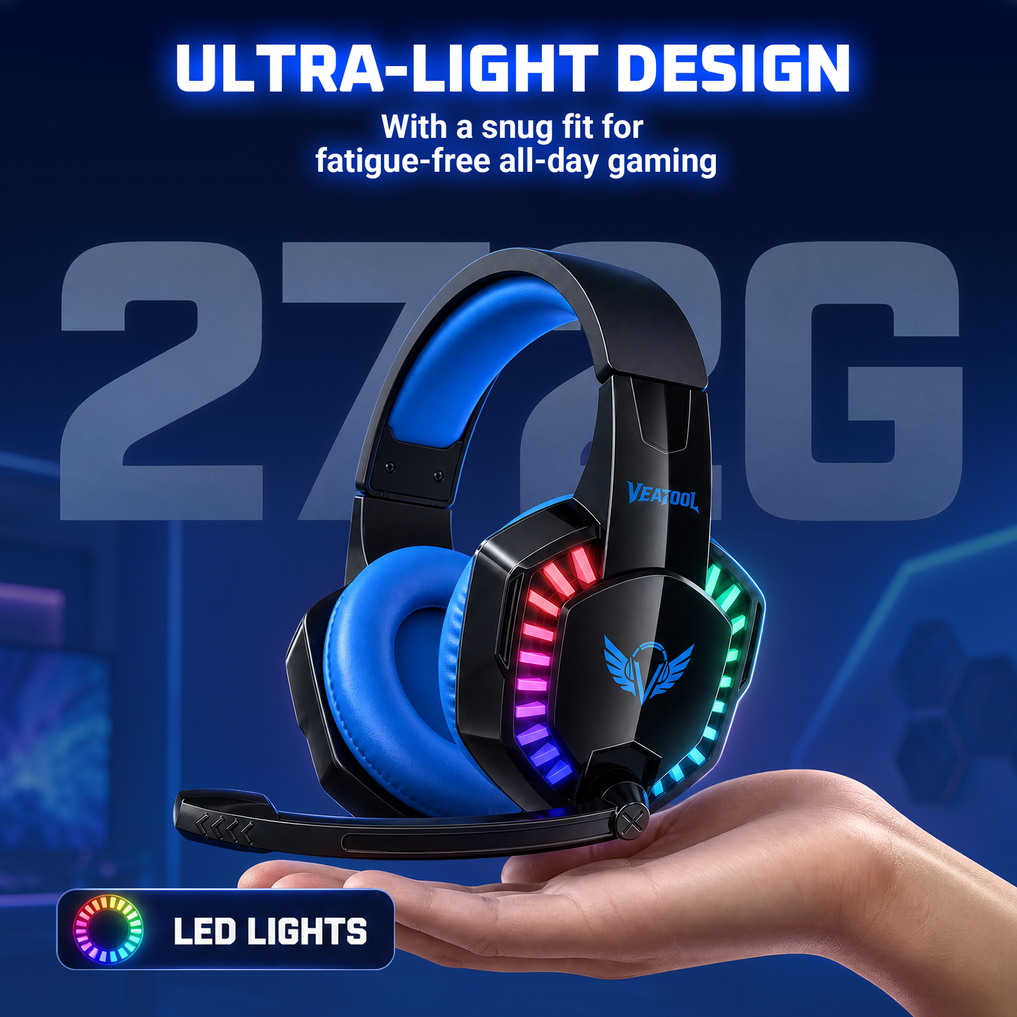 VEAT00L Gaming Headset with Microphone, Compatible with PS4 PS5 Xbox One PC Laptop, Over-Ear Headphones with LED Light, Noise Canceling Mic, 7.1 Stereo Surround Sound,Soft Earmuffs for Nintendo Series