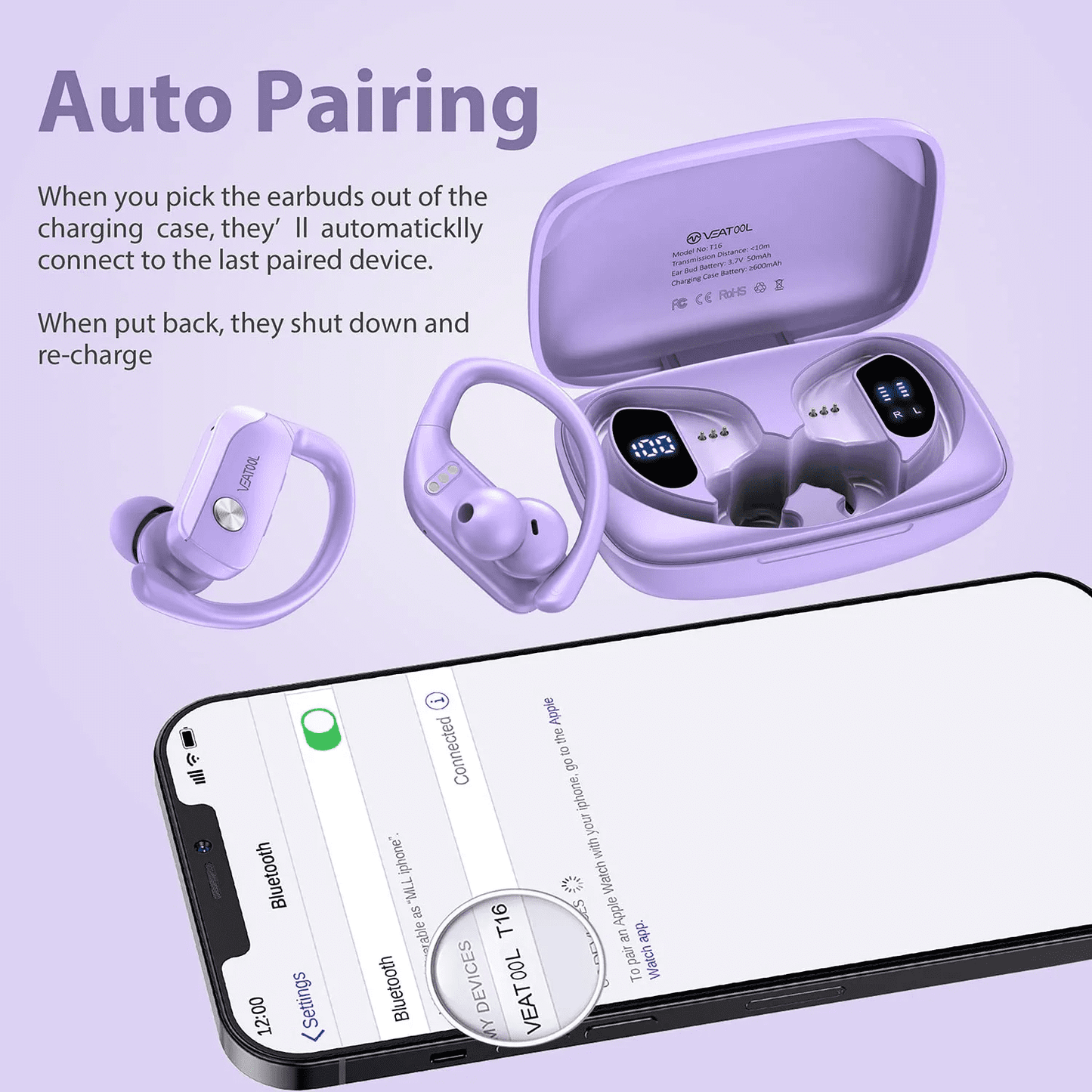 VEAT00L Wireless Earbuds Bluetooth Headphone Sport, Bluetooth 5.4 Earbud, 72Hrs Earphone with Earhook, Noise Cancelling Mic, IP7 Waterproof Headset for Workout/Running