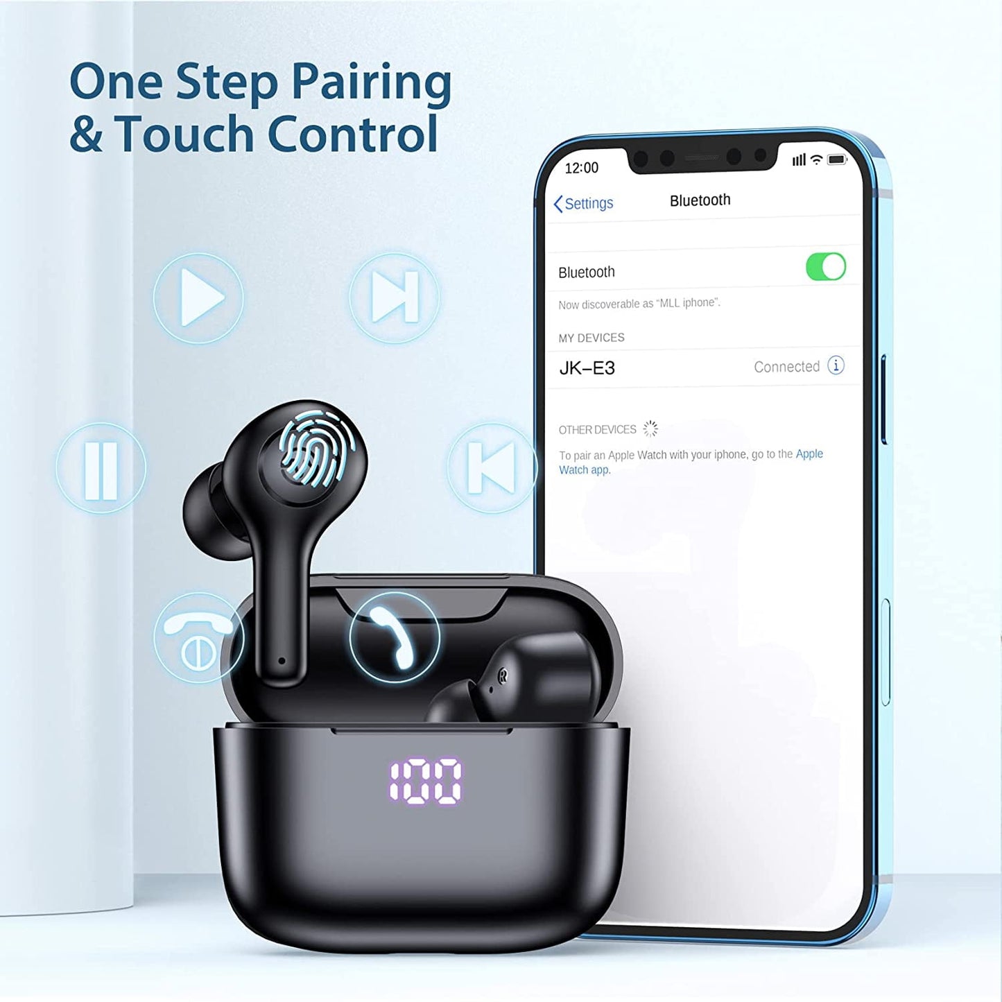 Bluetooth Headphones, True Wireless Earbuds with Wireless Charging Case, Waterproof Touch Control Stereo in-Ear Headset for iPhone 13 Pro Max XS XR Samsung Android