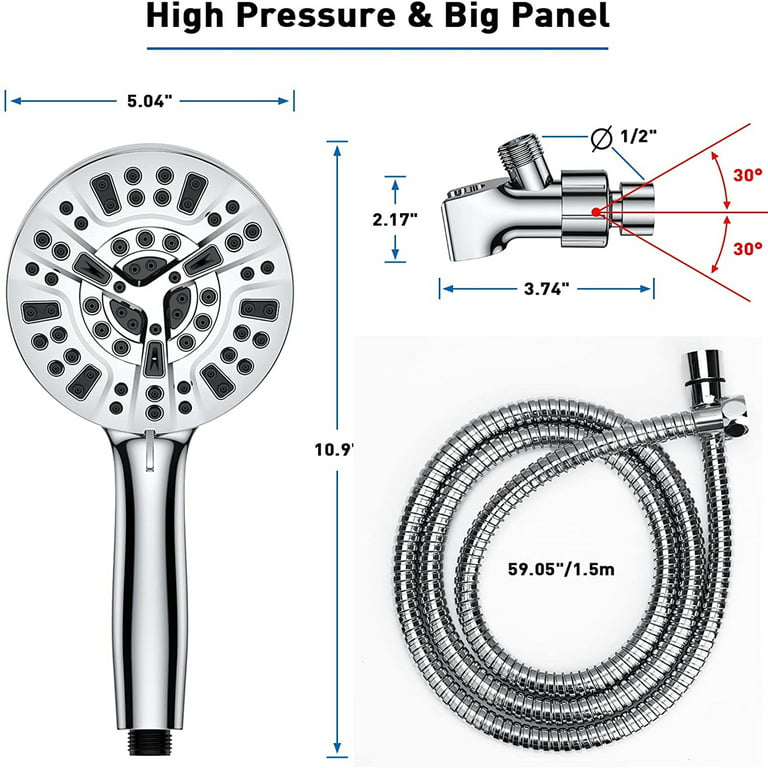 Handheld Shower Head, KDMLR 10-Mode 5.1”High Pressure Shower Head with Handheld (5 Ft Steel Long Hose/ Detachable Brass Holder/ Anti-Clog Nozzle) Built-in 2-Mode Power Wash Spray (2.5 GPM, Chrome)