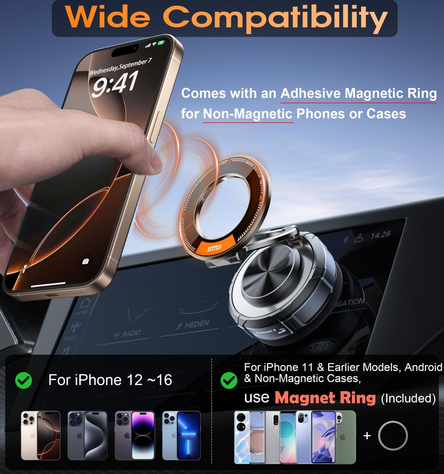MagSafe Car Mount, Suction Cup Phone Holder, 360° Zinc Alloy Vacuum Car Holder, 98 LBS Strong for iPhone 16 15 14 13 12 Android