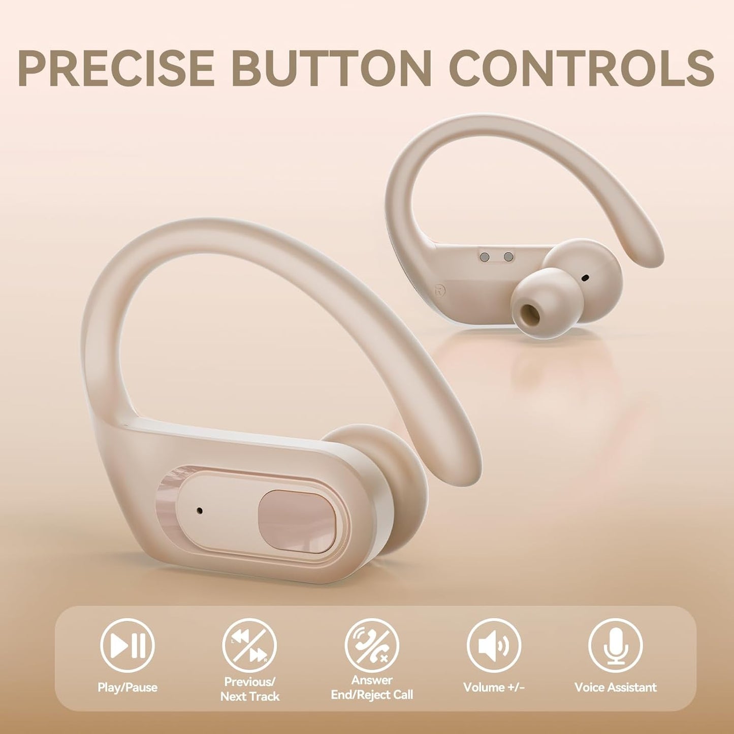 occiam Active Noise Cancelling Headphones Wireless Earbuds Bluetooth Ear Buds 96Hrs Playback HD Call Over-Ear Waterproof Earphones with Earhooks Microphones for Sport/Running/Workout Ivory