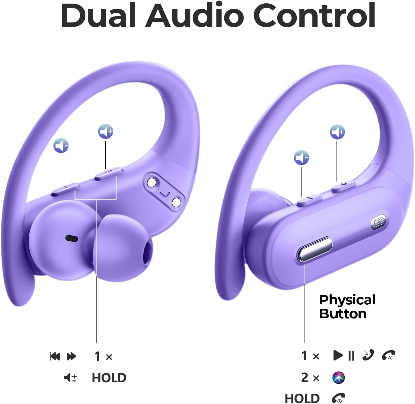 Wireless Earbuds Bluetooth 5.3 Headphones 90 Hrs Playtime Ear buds with Wireless Charging Case Power Display Over-ear Earphones with Earhooks Waterproof Stereo Headset for Android phone Workout Purple