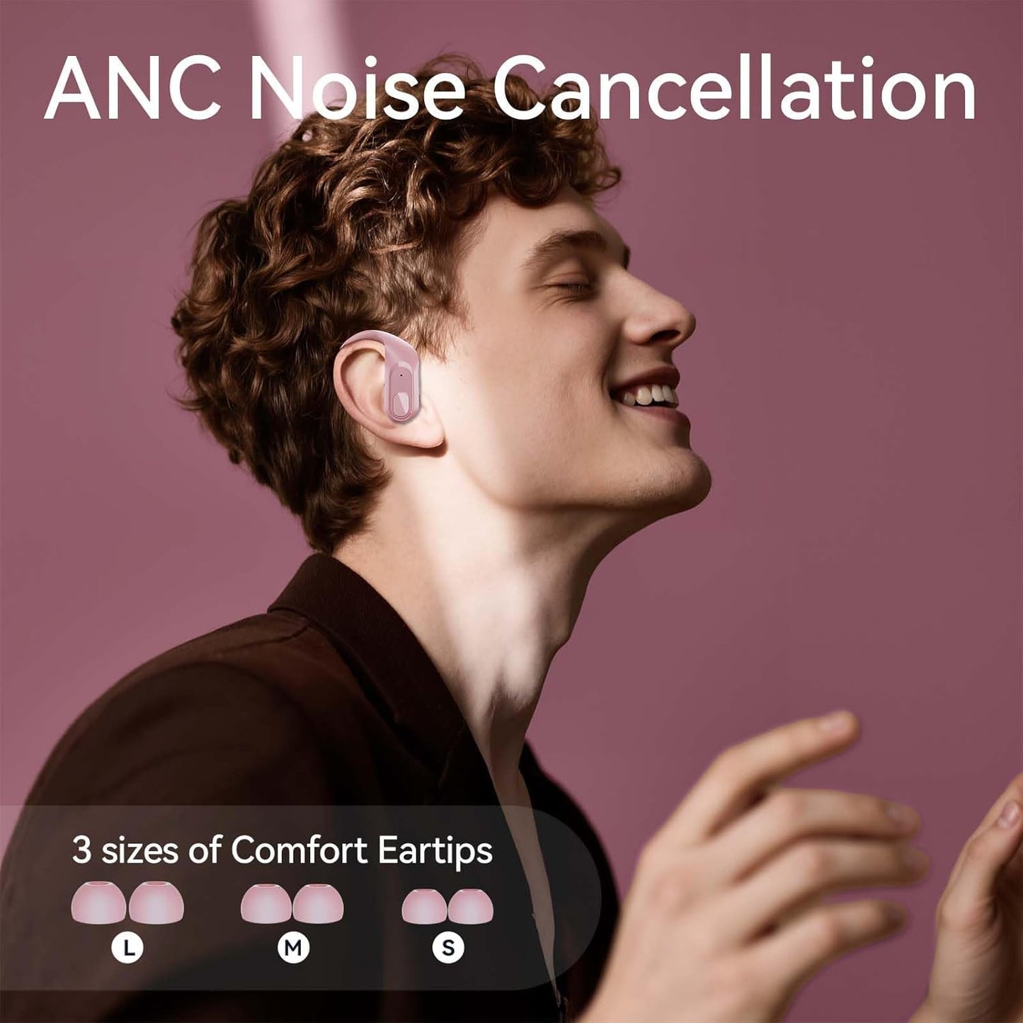 occiam Active Noise Cancelling Headphones Wireless Earbuds Bluetooth Ear Buds 96Hrs Playback HD Call Over-Ear Waterproof Earphones with Earhooks Microphones for Sport/Running/Workout Pink
