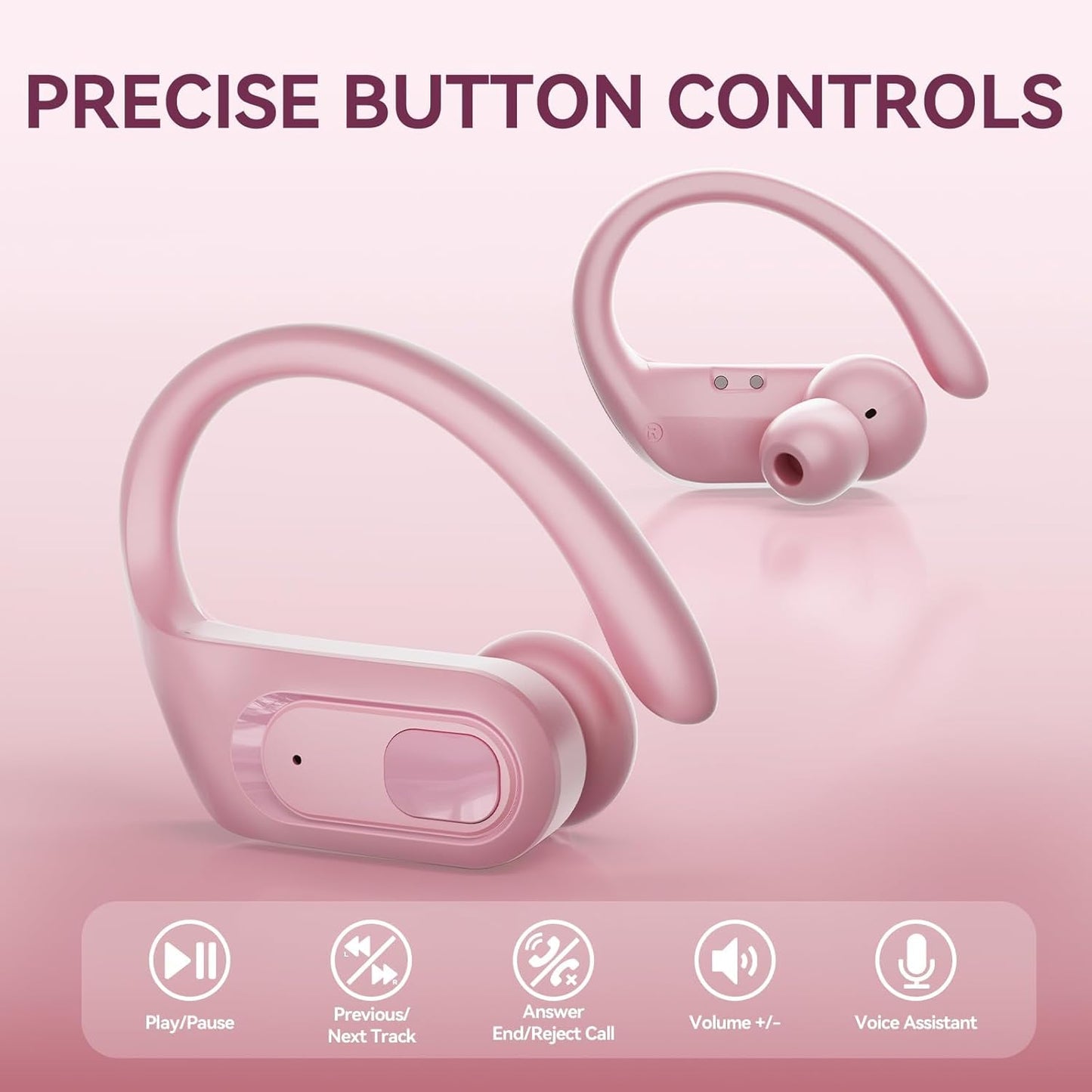 occiam Active Noise Cancelling Headphones Wireless Earbuds Bluetooth Ear Buds 96Hrs Playback HD Call Over-Ear Waterproof Earphones with Earhooks Microphones for Sport/Running/Workout Pink