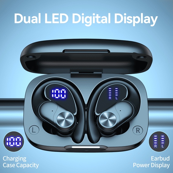 VEAT00L V6 Bluetooth Headphones Wireless Earbuds 88Hrs Playback Sport Ear Buds with Earhook Digital Display Charging Case IPX7 Waterproof Earbud Deep Bass Running Earphones for iOS Android Cellphone