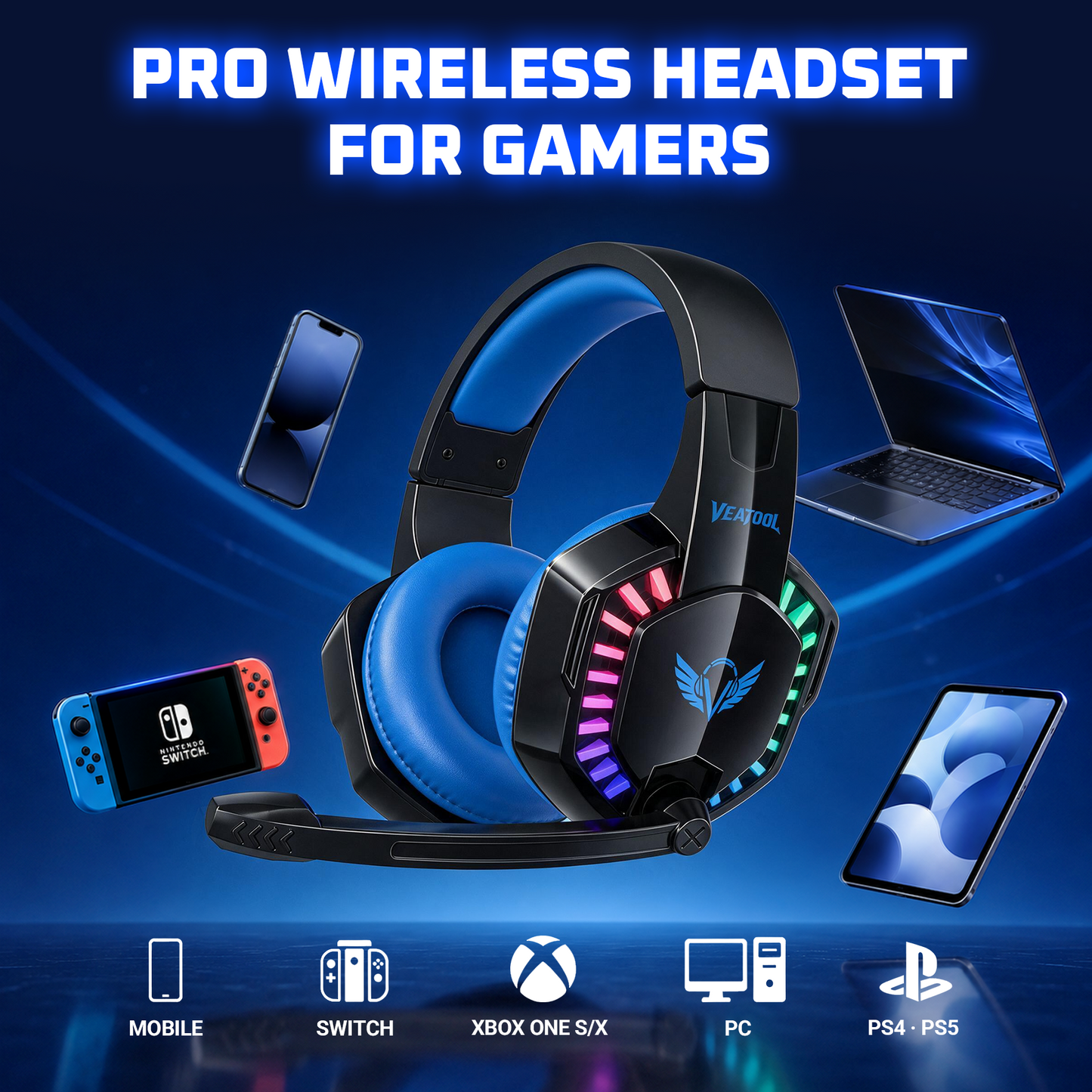 VEAT00L Gaming Headset with Microphone, Compatible with PS4 PS5 Xbox One PC Laptop, Over-Ear Headphones with LED Light, Noise Canceling Mic, 7.1 Stereo Surround Sound,Soft Earmuffs for Nintendo Series