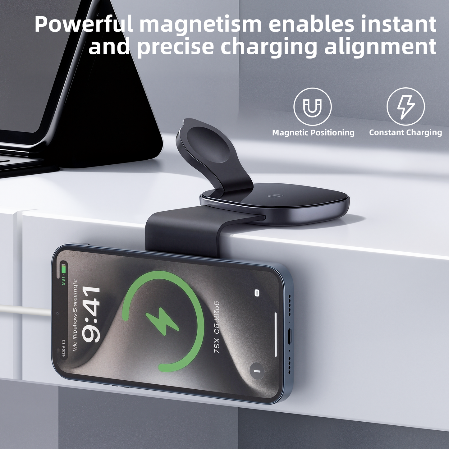 3-in-1 Foldable Magnetic Wireless Charger, Fast Charging Station with Independent Coils, Super Strong Magnetic Hold – Black