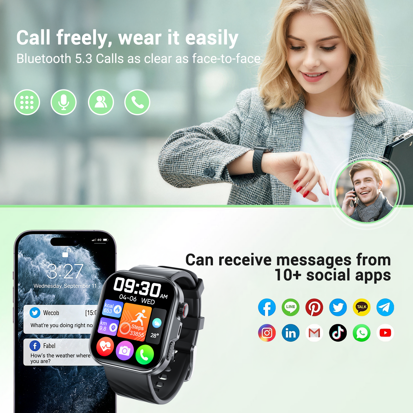 Smart Watch for Men Women, 2.01" HD, Bluetooth Call, IP68, 180+ Sports, Health Tracker, Android iOS, Pink