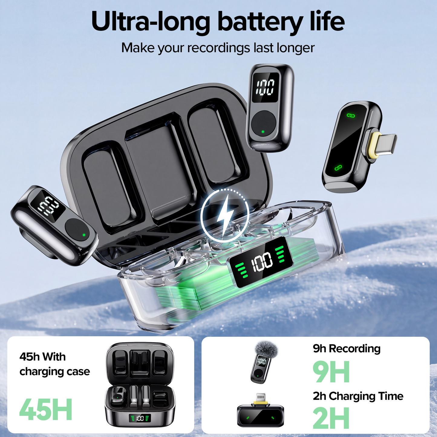 Wireless Lavalier Mini Microphone for iPhone ipad Android,USB-C Noise Canceling Lapel Lavalier Mic,Clip-On Mic with 45H Charging Case for Vlogging,Video Recording,Podcast, YouTube,TikTok(2 TX + 2 RX)