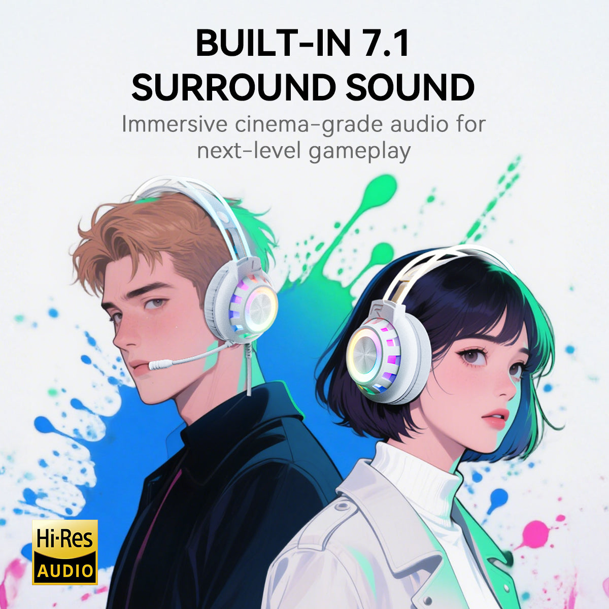 TAGRY K3 2.4GHz Wireless Gaming Headsets 7.1 Surround Sound Bluetooth Headphones 70H Playtime ENC Noise Cancelling Over Ear Game Headphone with Mic