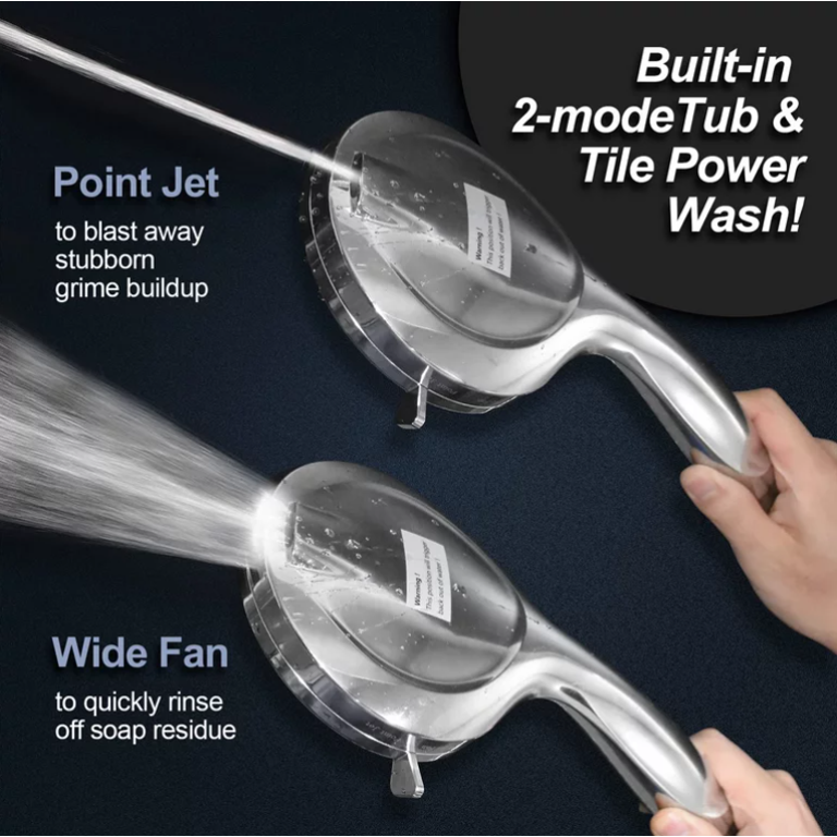 Handheld Shower Head, KDMLR 10-Mode 5.1”High Pressure Shower Head with Handheld (5 Ft Steel Long Hose/ Detachable Brass Holder/ Anti-Clog Nozzle) Built-in 2-Mode Power Wash Spray (2.5 GPM, Chrome)