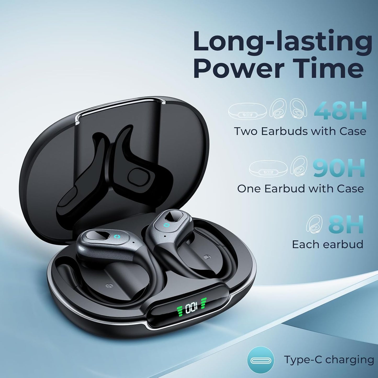 occiam Active Noise Cancelling Ear Buds Wireless Earbuds Bluetooth Headphones with 90Hrs Playback Stereo Bass Over-Ear Hooks IPX7 Waterproof Earphones for Sports Gym Running Workout Black