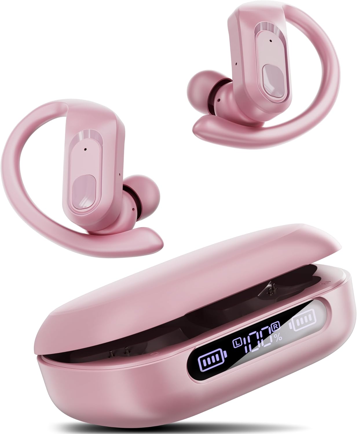 occiam Active Noise Cancelling Headphones Wireless Earbuds Bluetooth Ear Buds 96Hrs Playback HD Call Over-Ear Waterproof Earphones with Earhooks Microphones for Sport/Running/Workout Pink