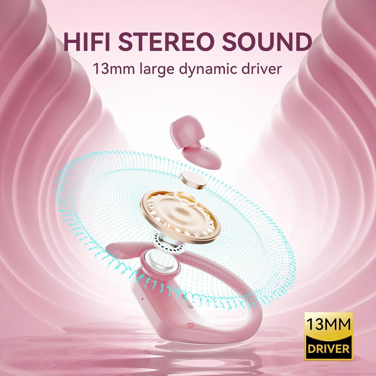 occiam Active Noise Cancelling Headphones Wireless Earbuds Bluetooth Ear Buds 96Hrs Playback HD Call Over-Ear Waterproof Earphones with Earhooks Microphones for Sport/Running/Workout Pink