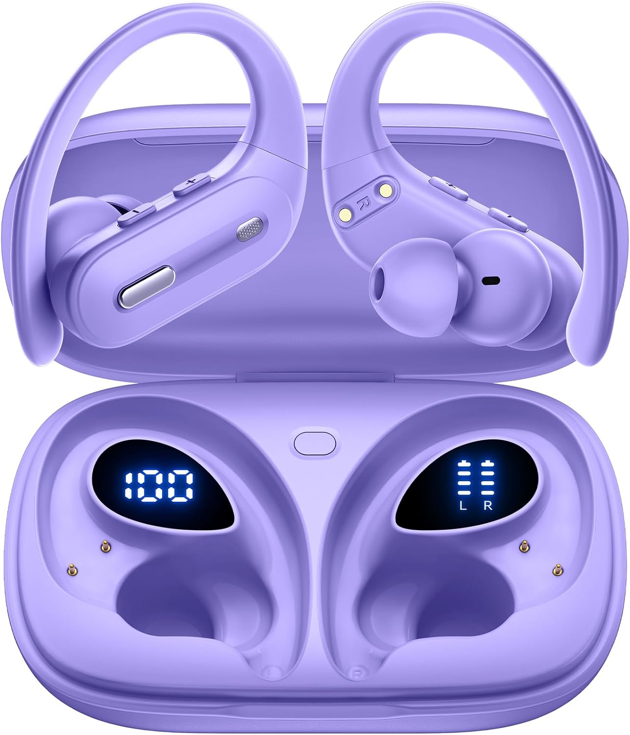 Wireless Earbuds Bluetooth 5.3 Headphones 90 Hrs Playtime Ear buds with Wireless Charging Case Power Display Over-ear Earphones with Earhooks Waterproof Stereo Headset for Android phone Workout Purple
