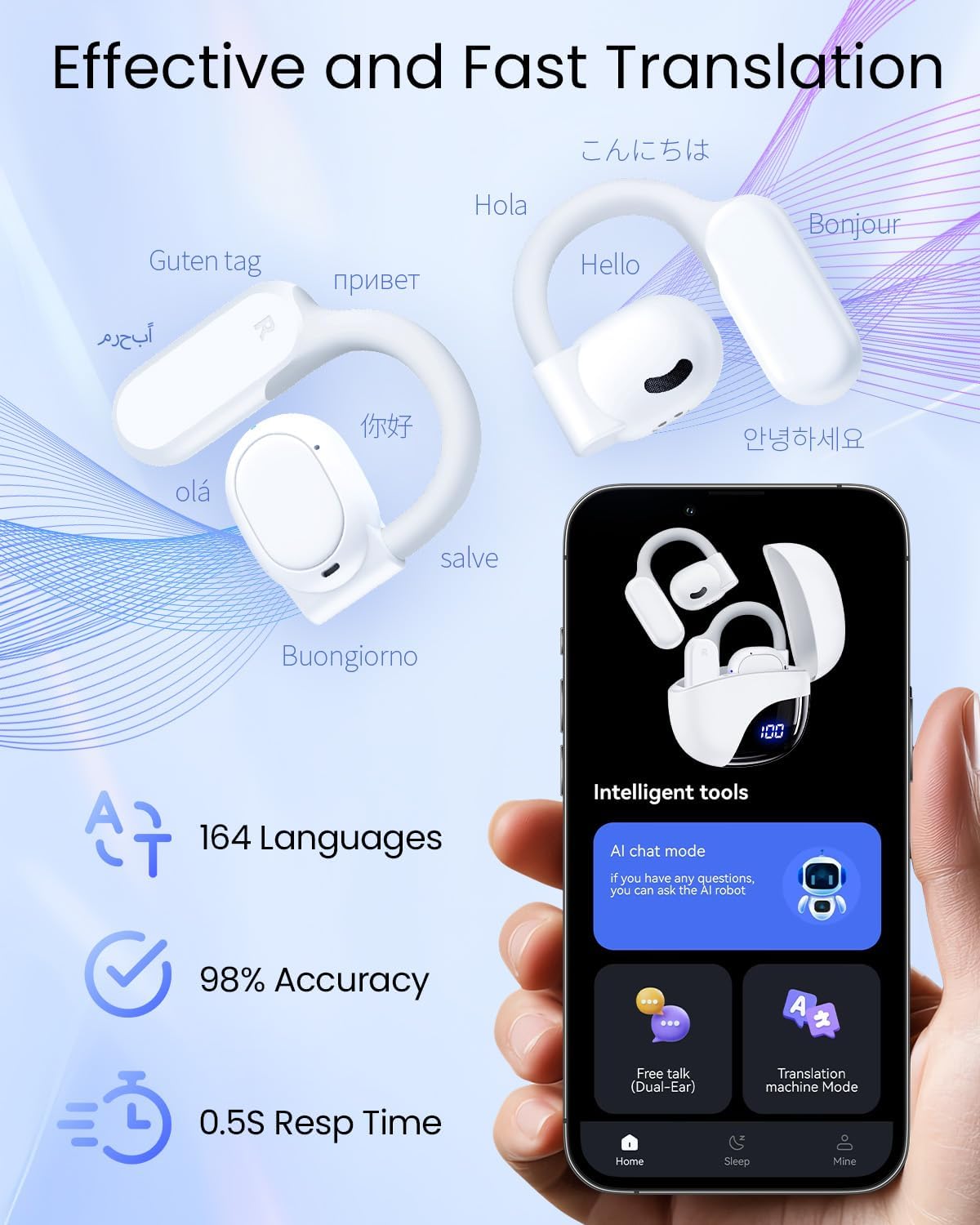 AI Translation Earbuds Real Time 164 Languages 80H Playtime Translator Ear Buds Audifonos Traductores Inglés Español Wireless Earphones Bluetooth Headphones for Travel Business Meeting Learning White